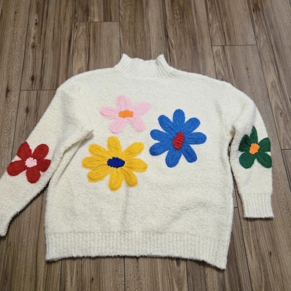 Cream Mock Neck Sweater 3D Flower Applique Knit Top Women's 2XL - Picture 2 of 8